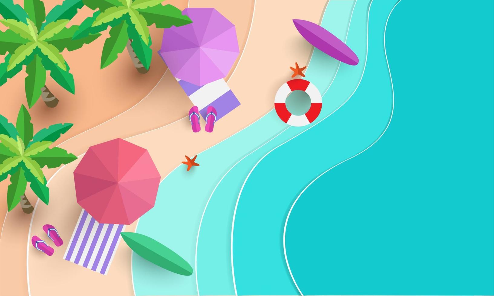 la escena de la playa desde la cima en verano. diseño de corte de papel vector