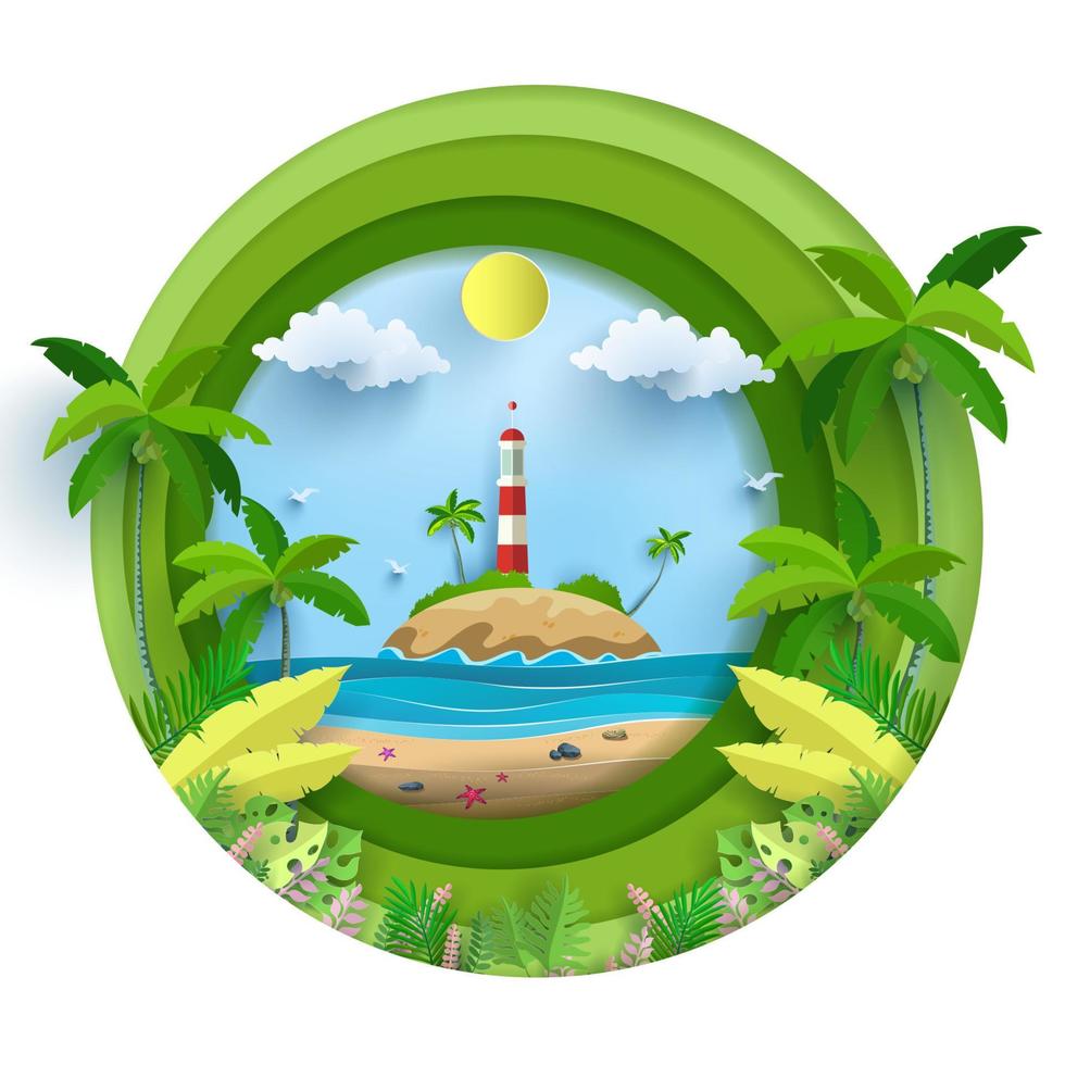 ilustración vectorial en unas vacaciones de verano. preciosas vistas a la playa. hay un faro. diseño de corte de papel vector