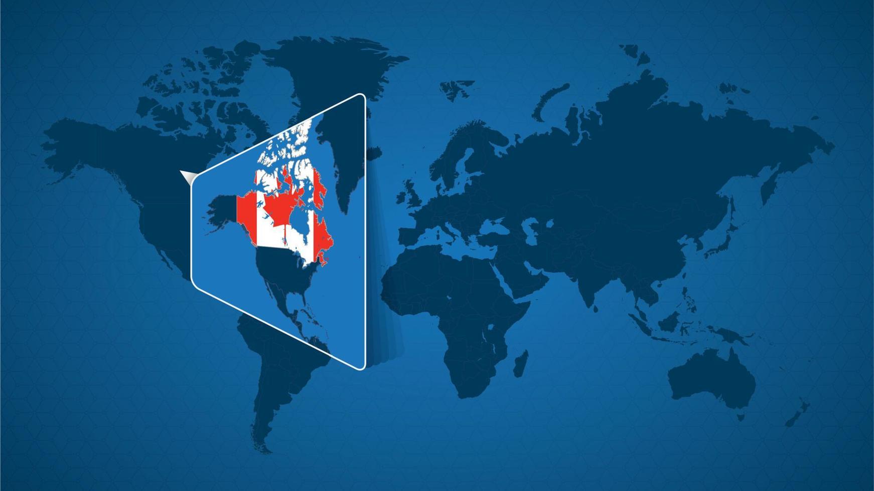 Detailed world map with pinned enlarged map of Canada and neighboring countries. vector