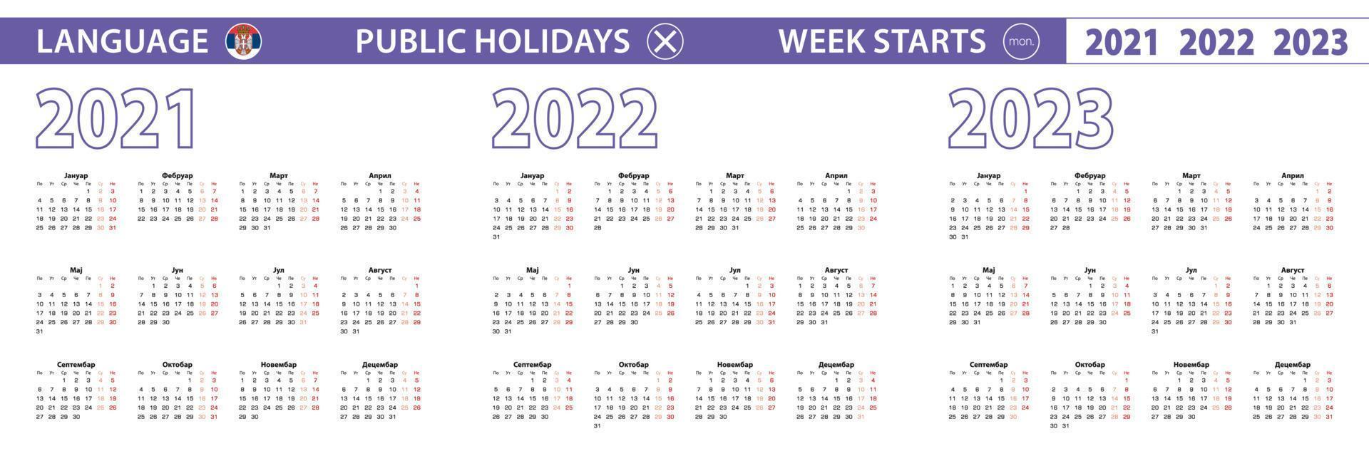 plantilla de calendario simple en serbio para 2021, 2022, 2023 años. la semana comienza a partir del lunes. vector