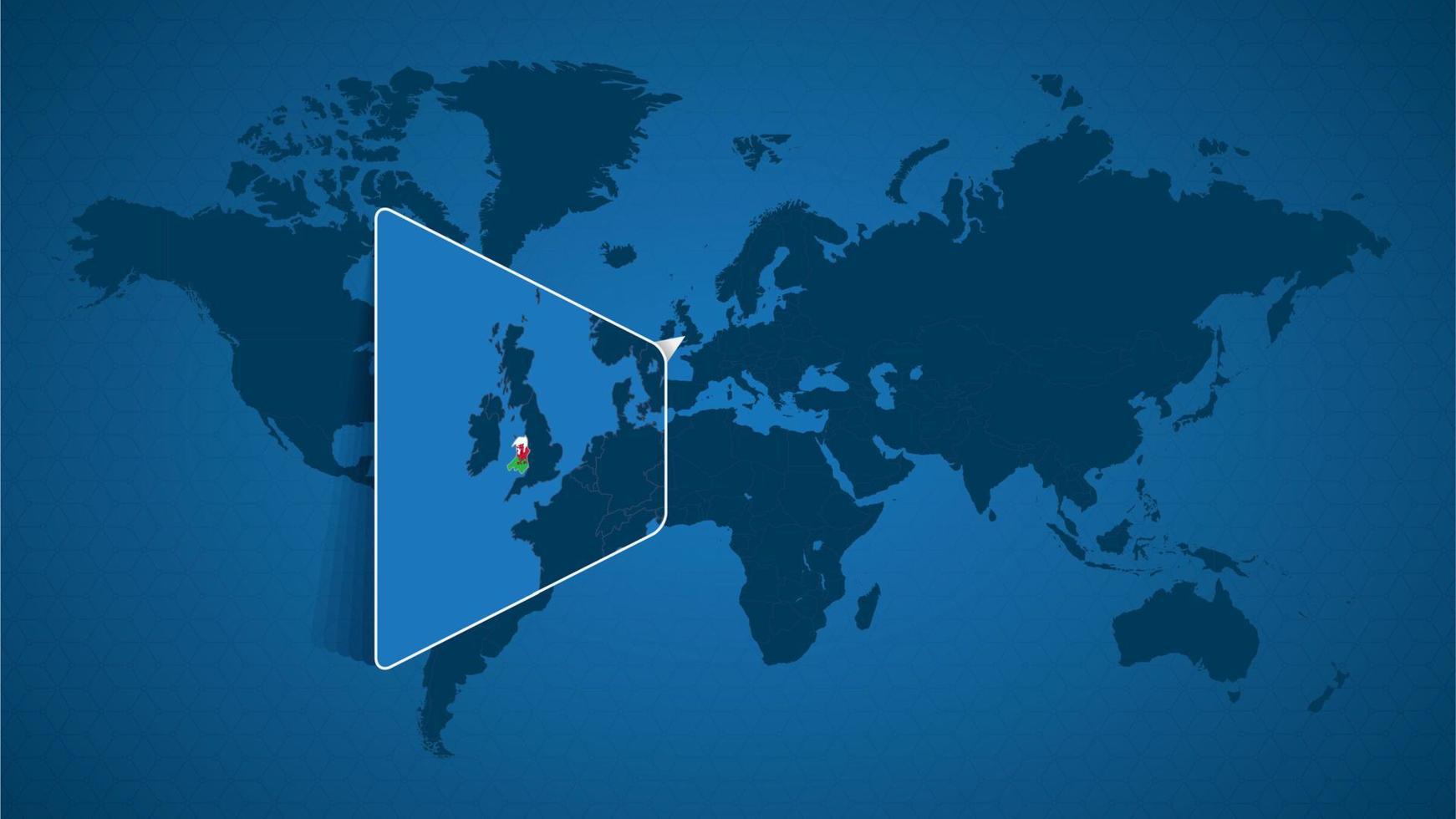 Detailed world map with pinned enlarged map of Wales and neighboring countries. vector
