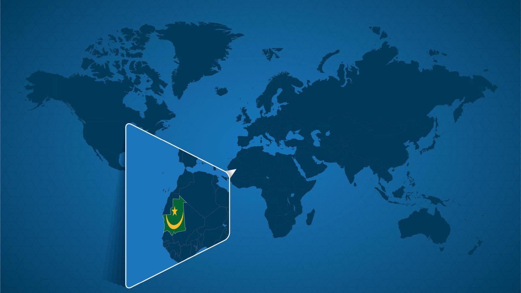 Detailed world map with pinned enlarged map of Mauritania and neighboring countries. vector