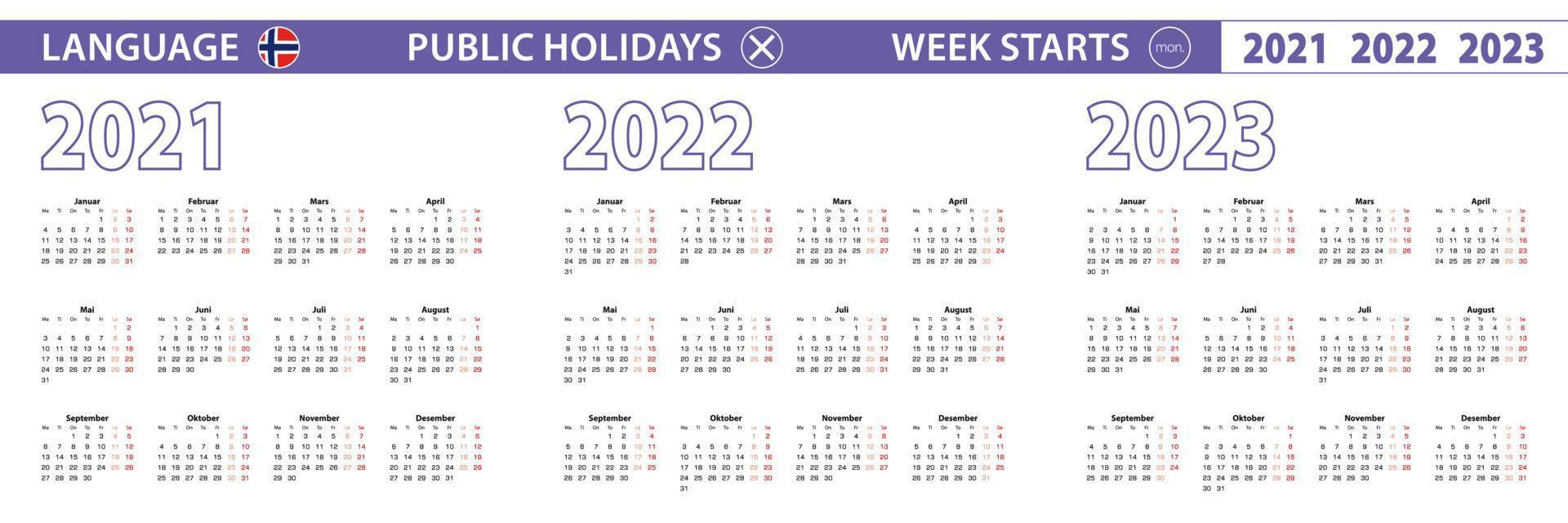 Simple calendar template in Norwegian for 2021, 2022, 2023 years. Week starts from Monday. vector