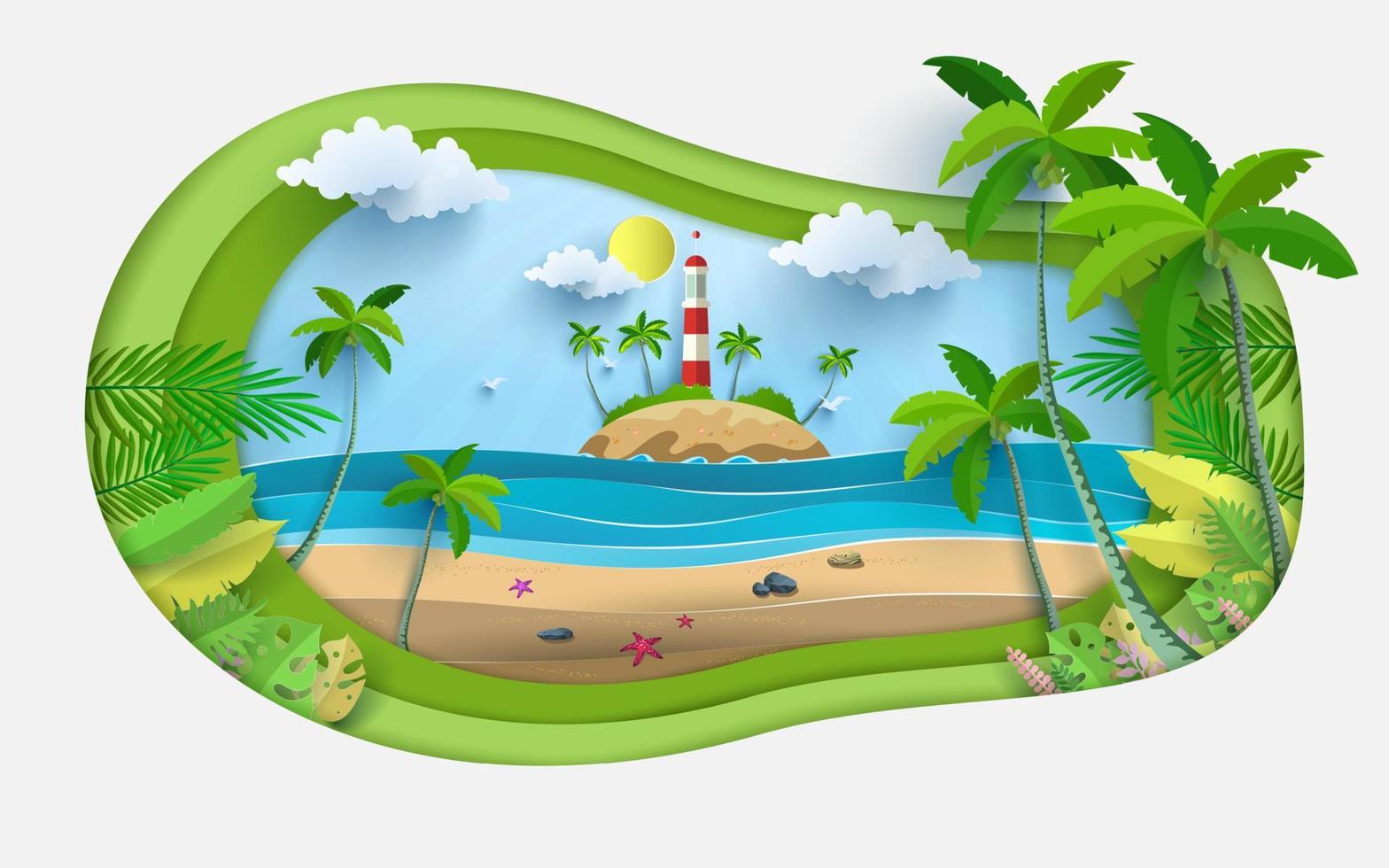 ilustración vectorial en unas vacaciones de verano. preciosas vistas a la playa. diseño de corte de papel. vector