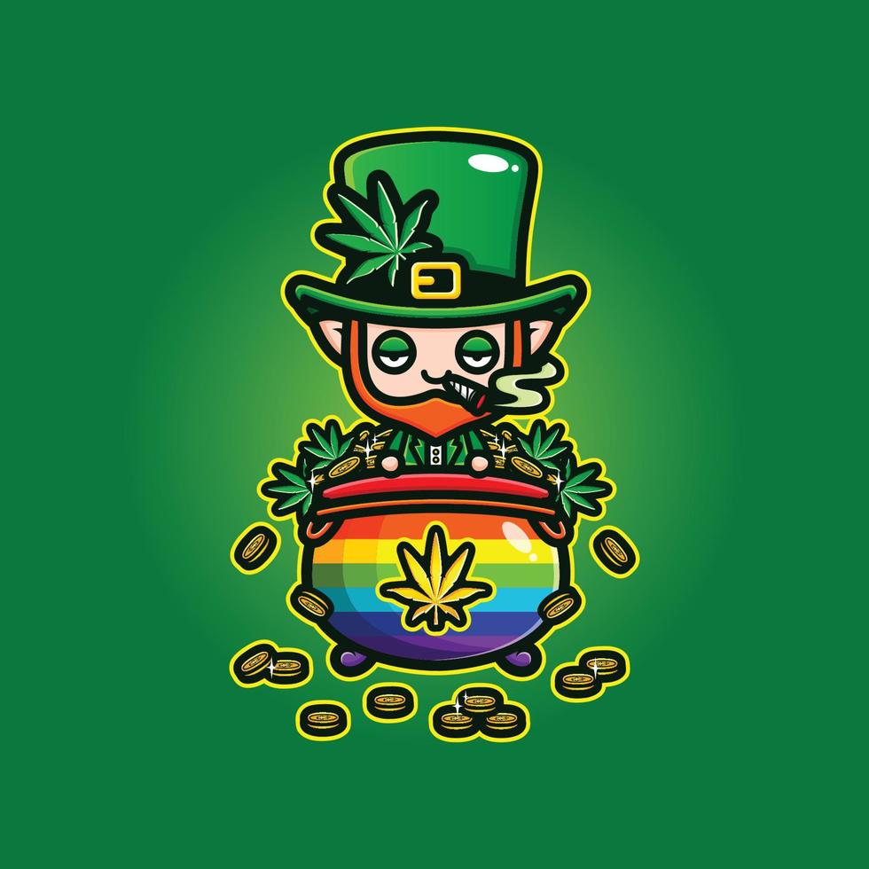 cute leprechaun smoking weed with gold vector