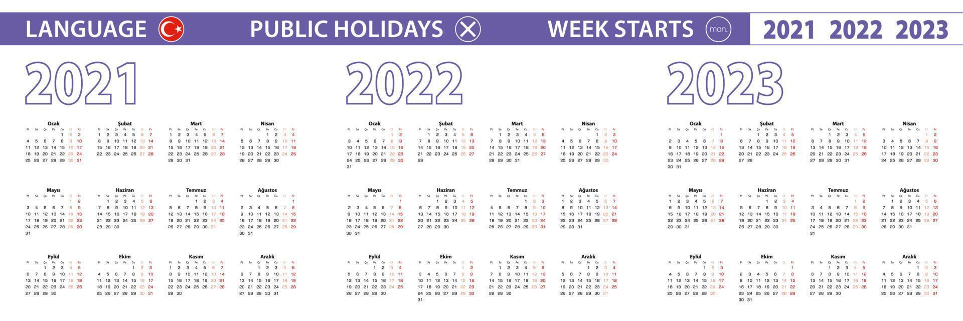 Simple calendar template in Turkish for 2021, 2022, 2023 years. Week starts from Monday. vector