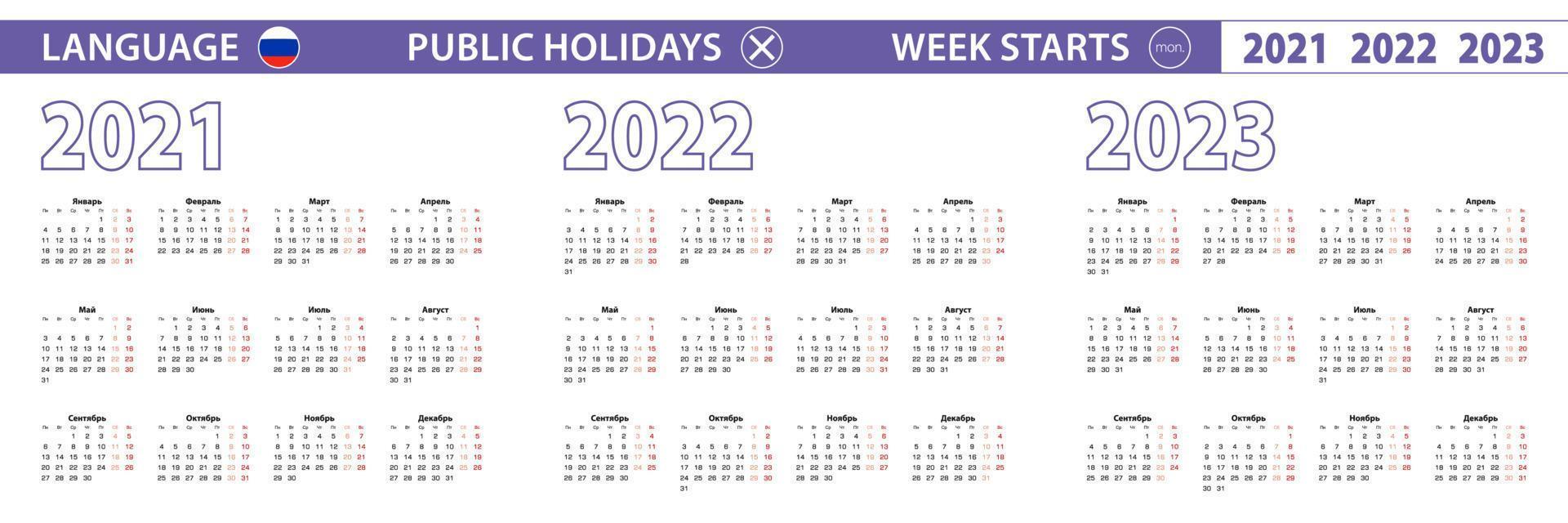 Simple calendar template in Russian for 2021, 2022, 2023 years. Week starts from Monday. vector