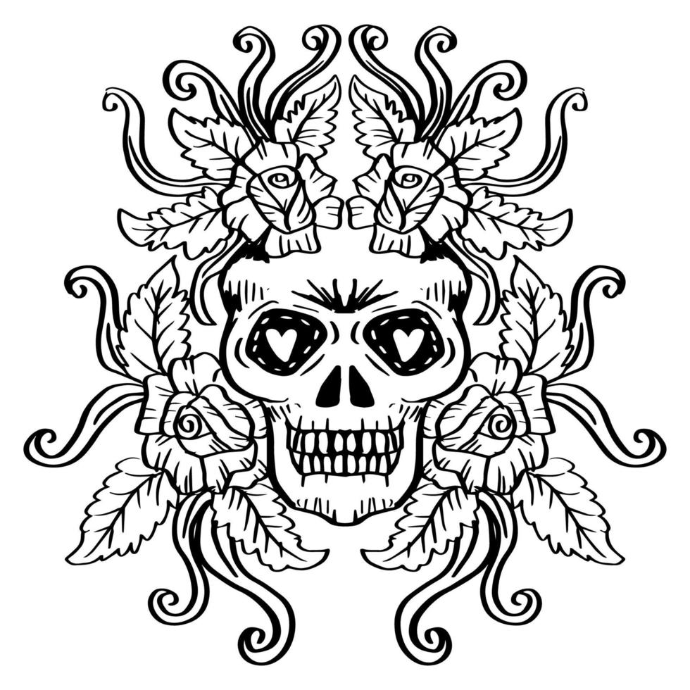 Hand drawn a human skulls with roses. Hand drawing illustration. vector