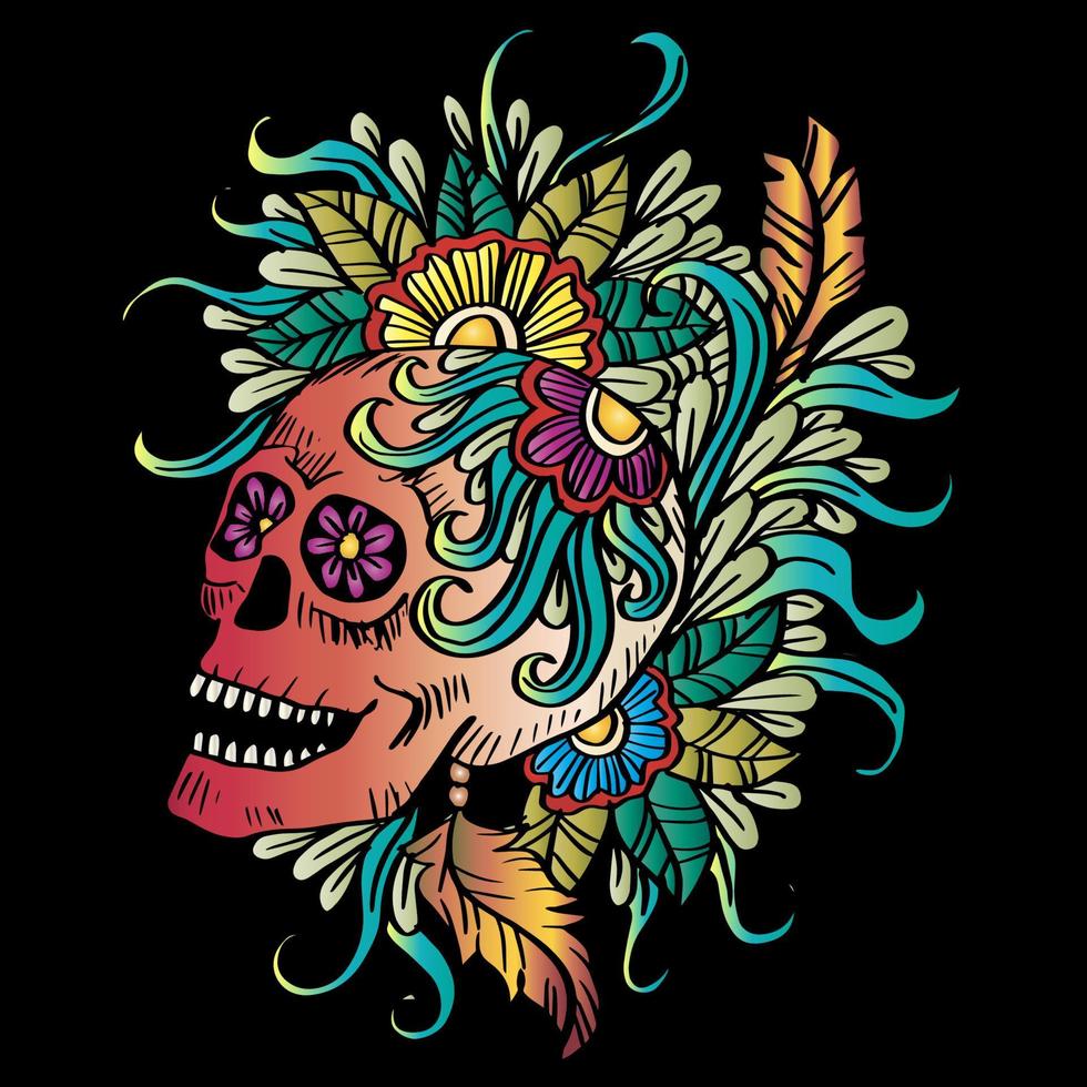 Skull with flower hand drawing illustration vector