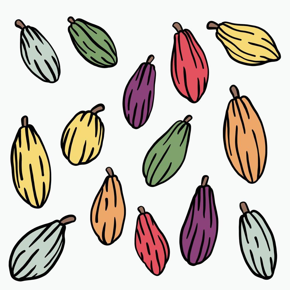 Dibujo de garabatos de frutas de cacao sobre fondo blanco. vector