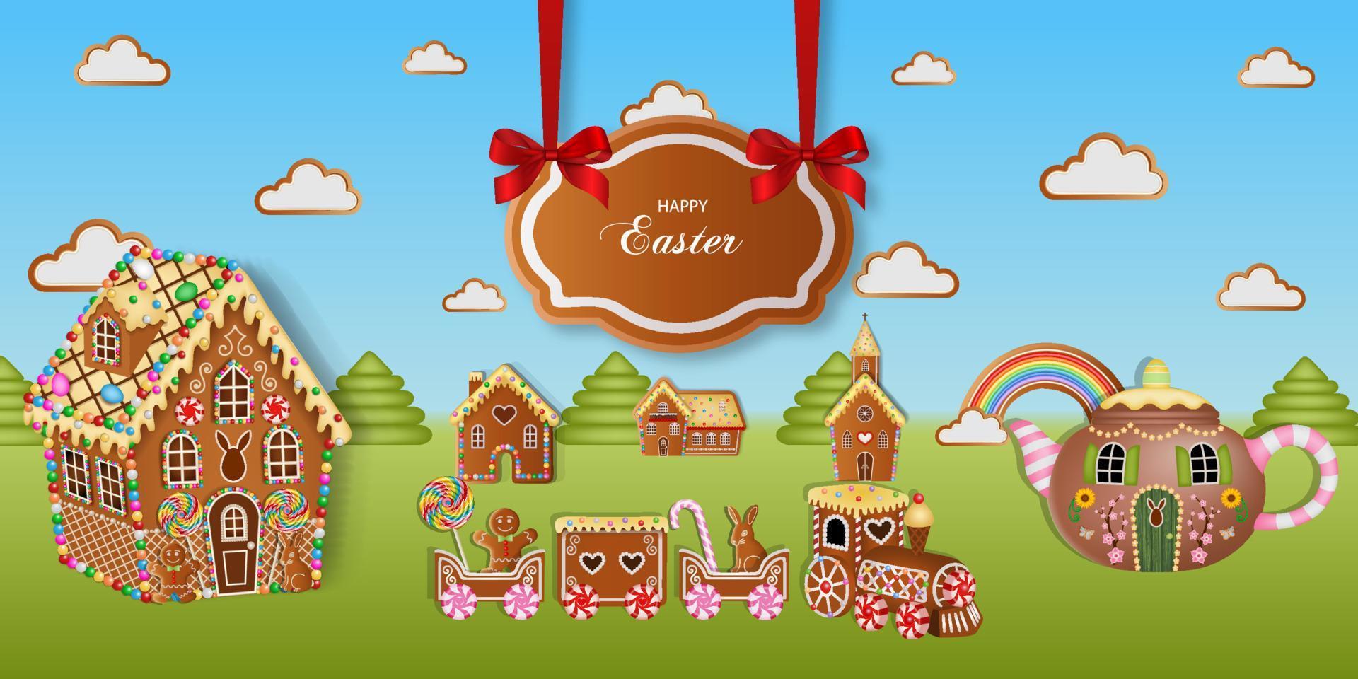 Happy easter background with gingerbread cookies. Easter landscape with