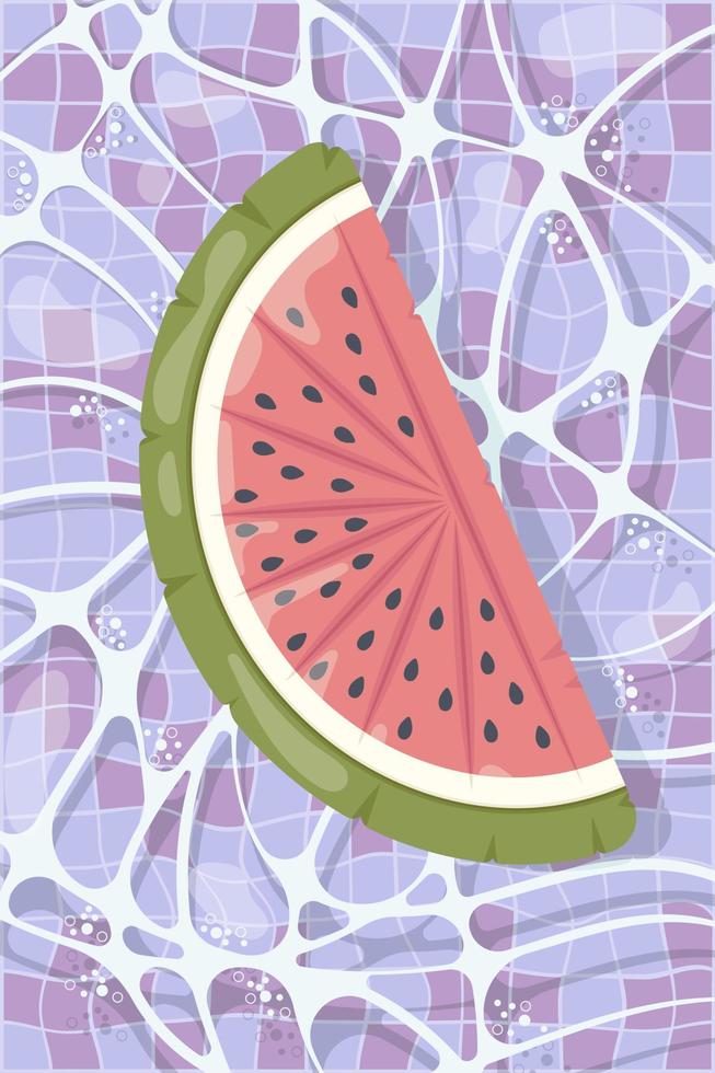 Inflatable mattress in the shape of a watermelon in the pool, pool party, beach vacation, hotel vacation with inflatable toys vector