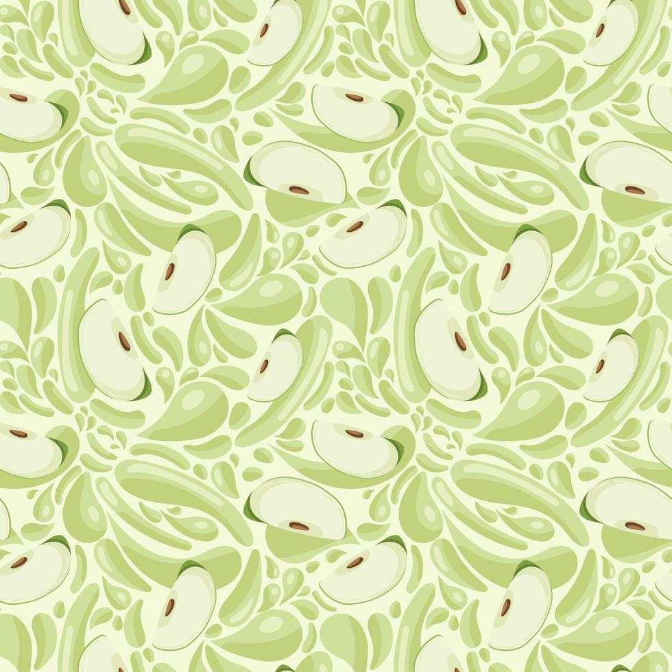 Fruit seamless pattern for textile products, apple pieces with juice splashes, apple smoothie in a flat style. vector