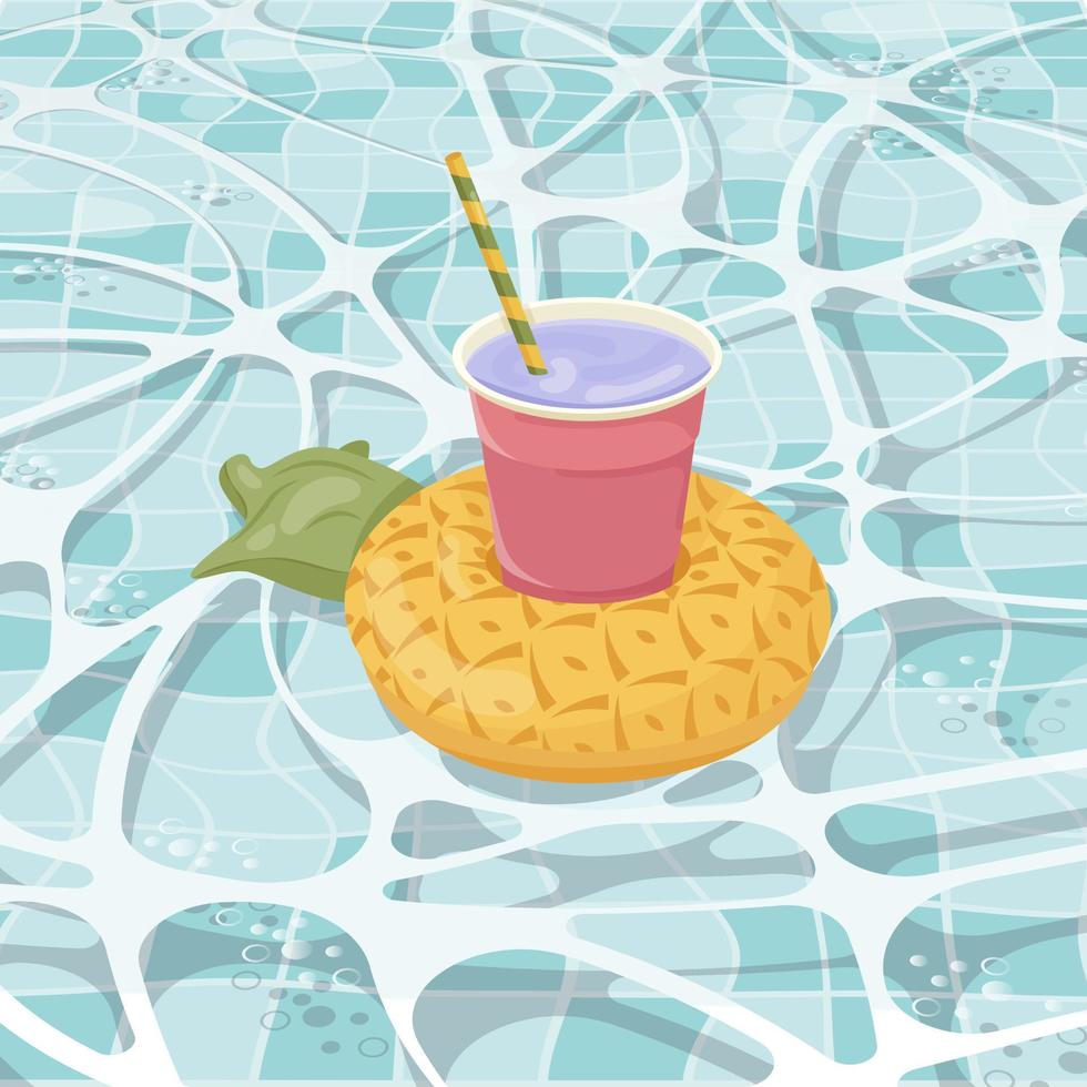 Inflatable mattress in the shape of a pineapple with cocktail in the pool, pool party, beach vacation, hotel vacation with inflatable toys vector