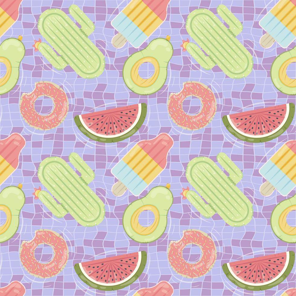 Seamless pattern with inflatable mattresses in various shapes for pool party, fabric background and banner vector
