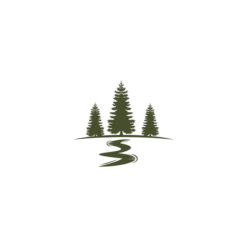 Evergreen pine tree with river creek logo design vector