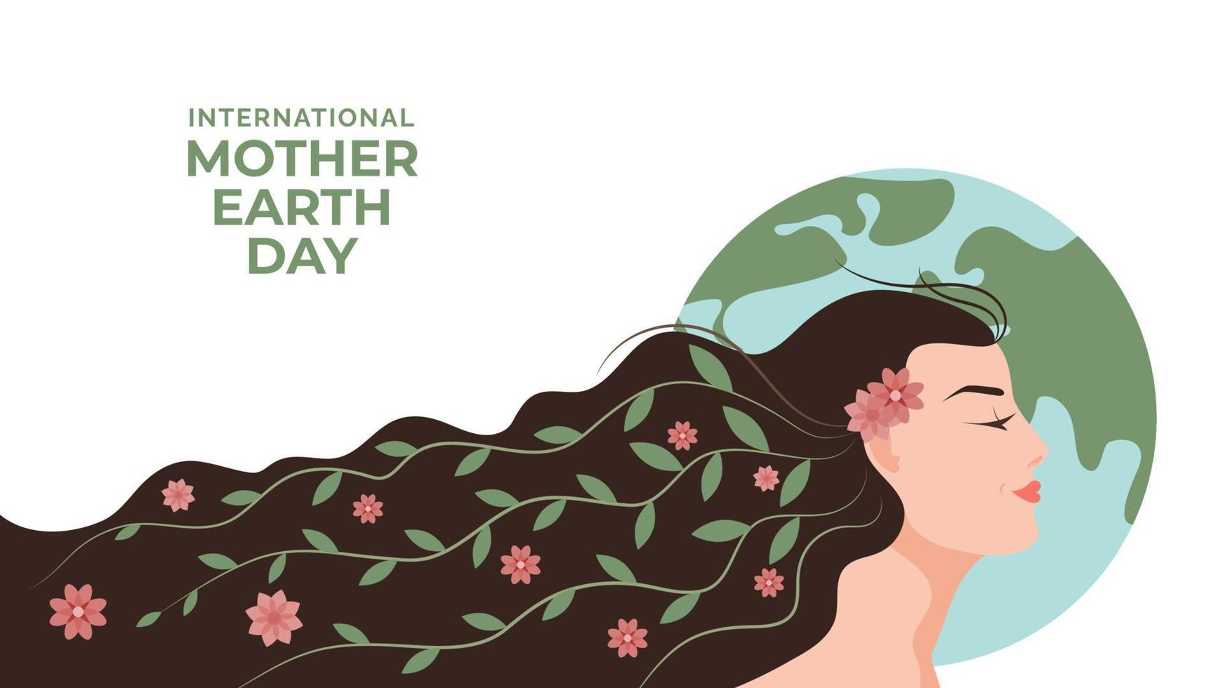 22 de abril - ilustración del día internacional de la madre tierra. mujer de dibujos animados con flores y hojas en el fondo del mapa de la tierra. guardar el diseño plano del vector de la tierra.