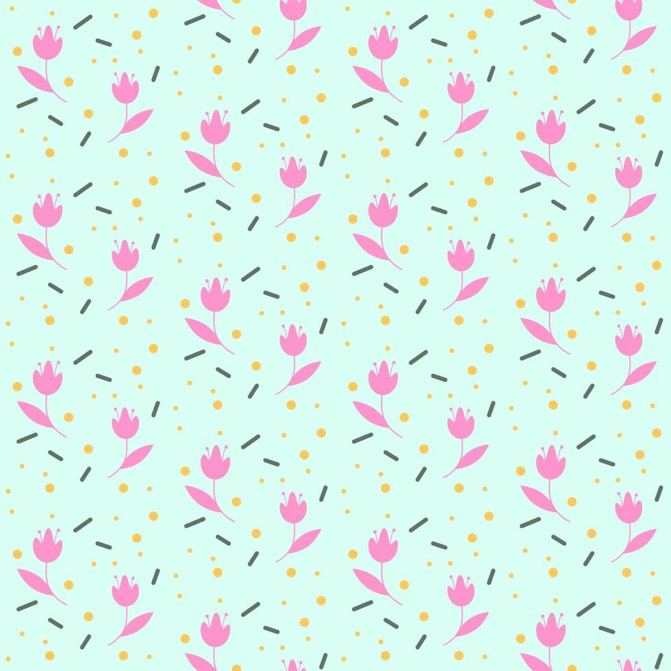 Seamless vector pattern of little pink tulips field on green background. Cute floral vector pattern.