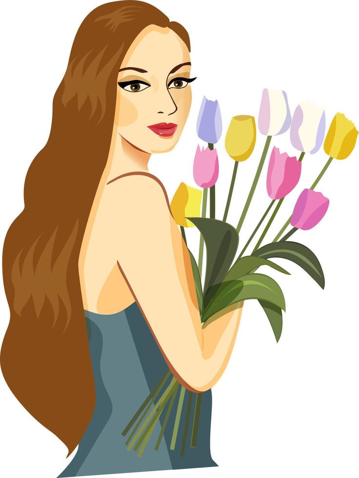 hermosa mujer joven con flores, aislado sobre fondo blanco. chica romántica con ramo de tulipanes. cartel del día internacional de la mujer vector