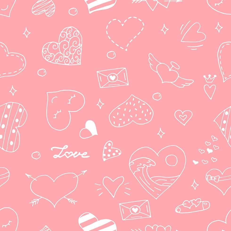 Hand Drawn Hearts Of Different Shapes, Seamless Pattern. Outline Vector Illustration. Valentine's Day