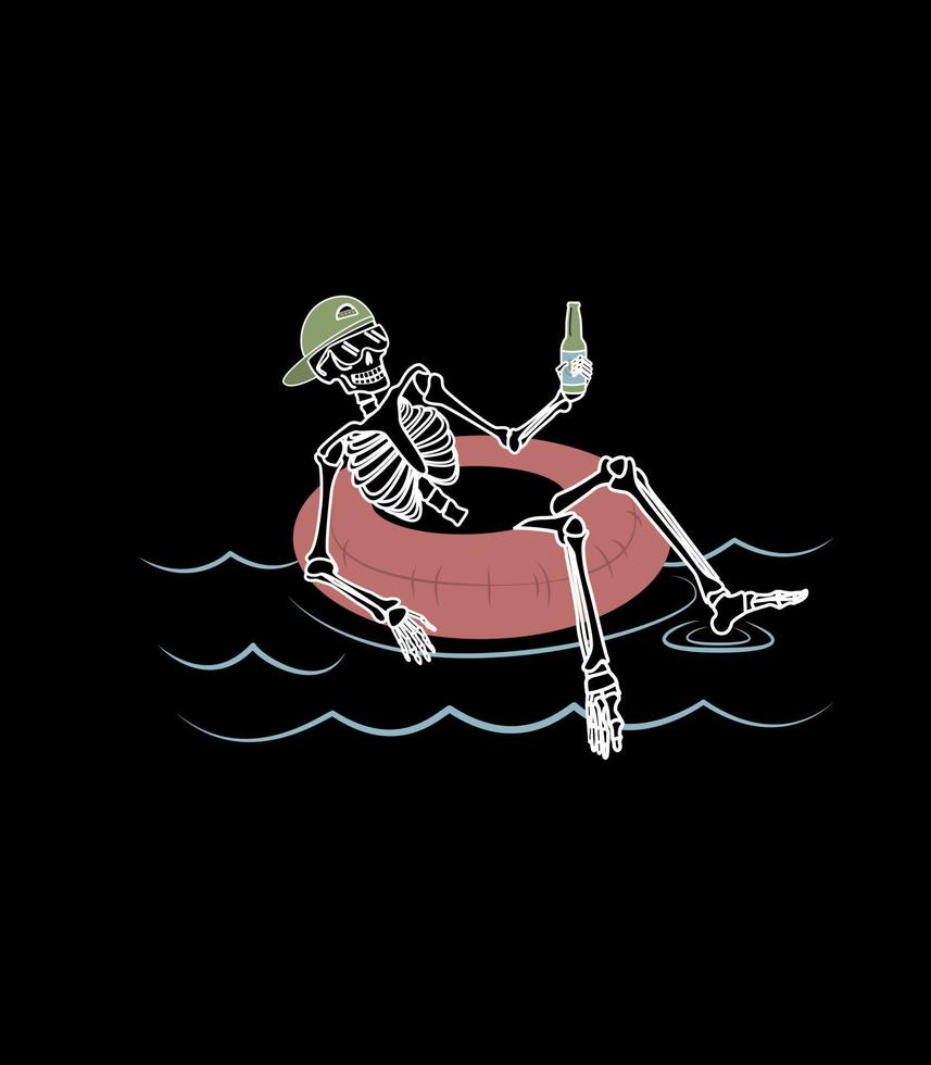 Skeleton With A Bottle Is Lying In The Rubber Ring. Hand Drawn Art vector