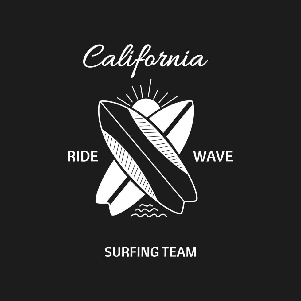 Surfboards, The Sun And The Inscription. Outline Vector Illustration.