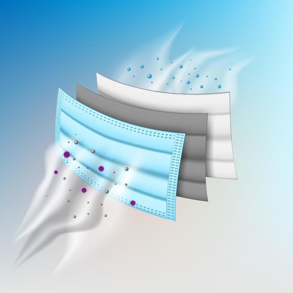 Filter layer of medical mask with protect filter layer and air inflow, PM 2.5 air filteration and virus protection, 3 layers filter, vector illustration