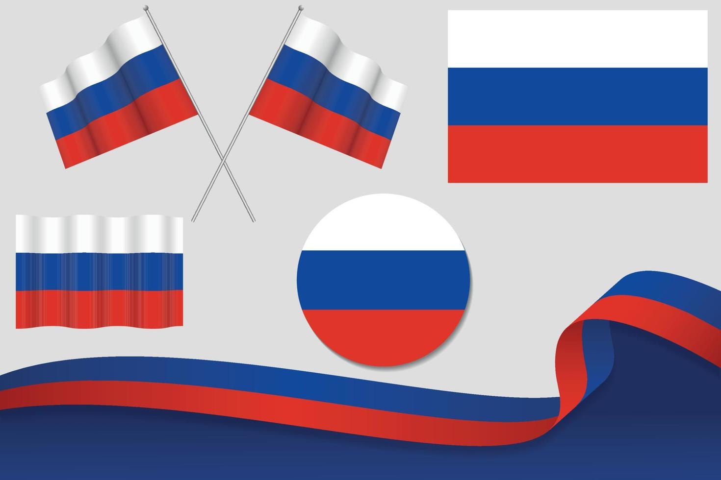 conjunto de banderas de rusia en diferentes diseños, icono, banderas desolladas con cinta con fondo. vector libre