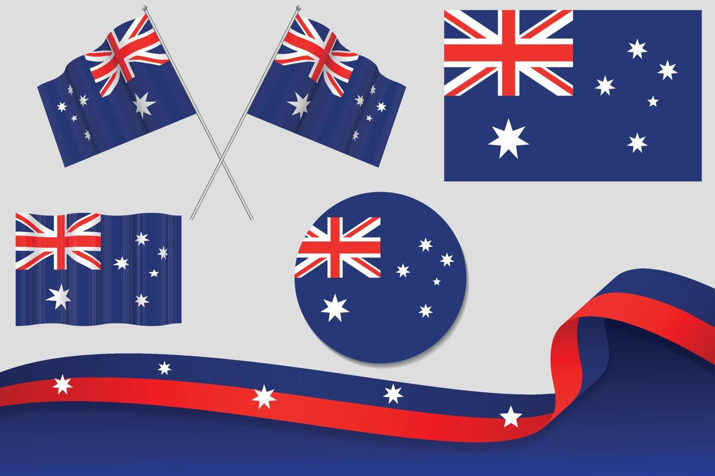 Set Of Australia Flags In Different Designs, Icon, Flaying Flags With ribbon With Background. Free Vector