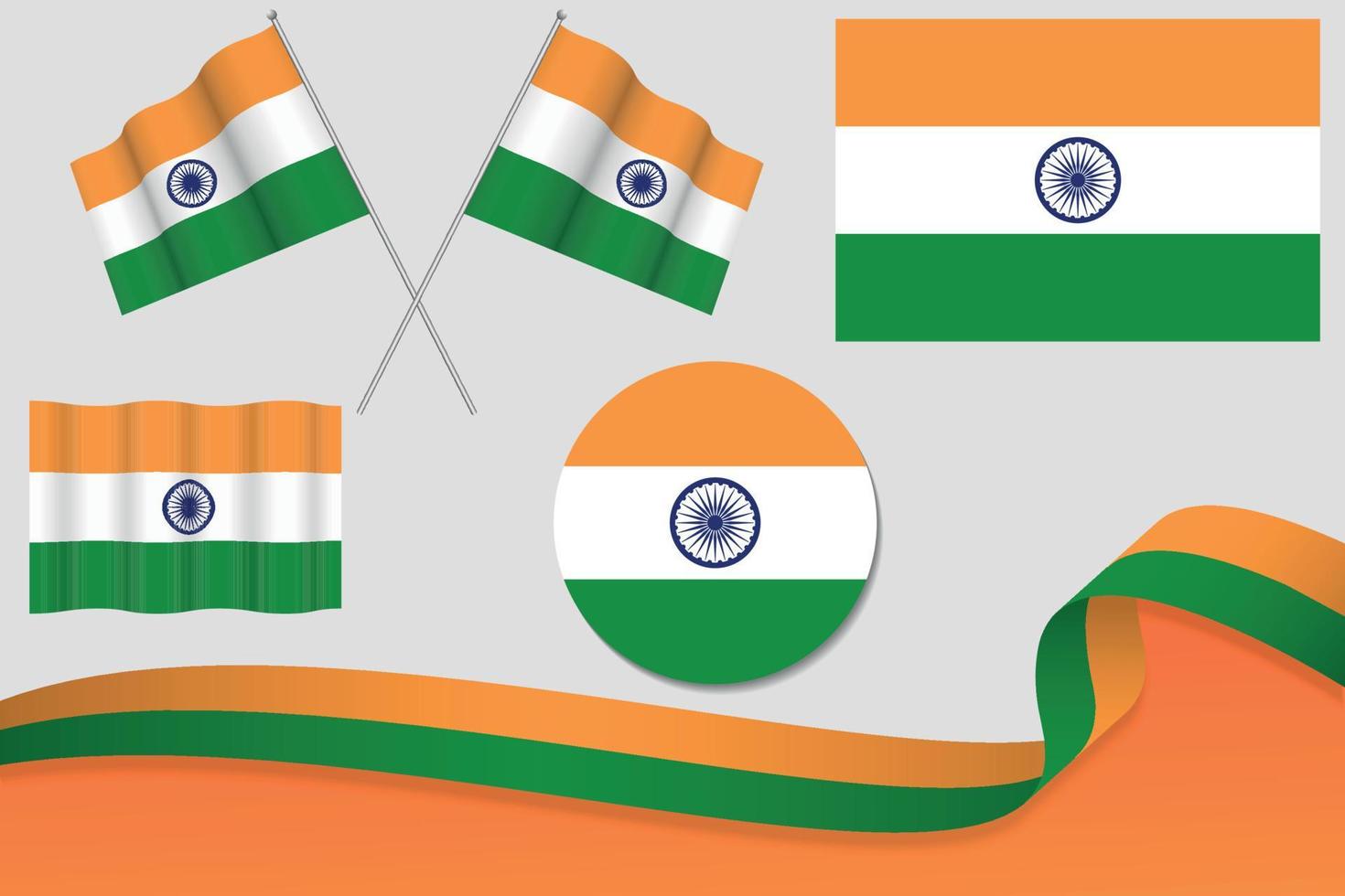 Set Of India Flags In Different Designs, Icon, Flaying Flags With ribbon With Background. Free Vector