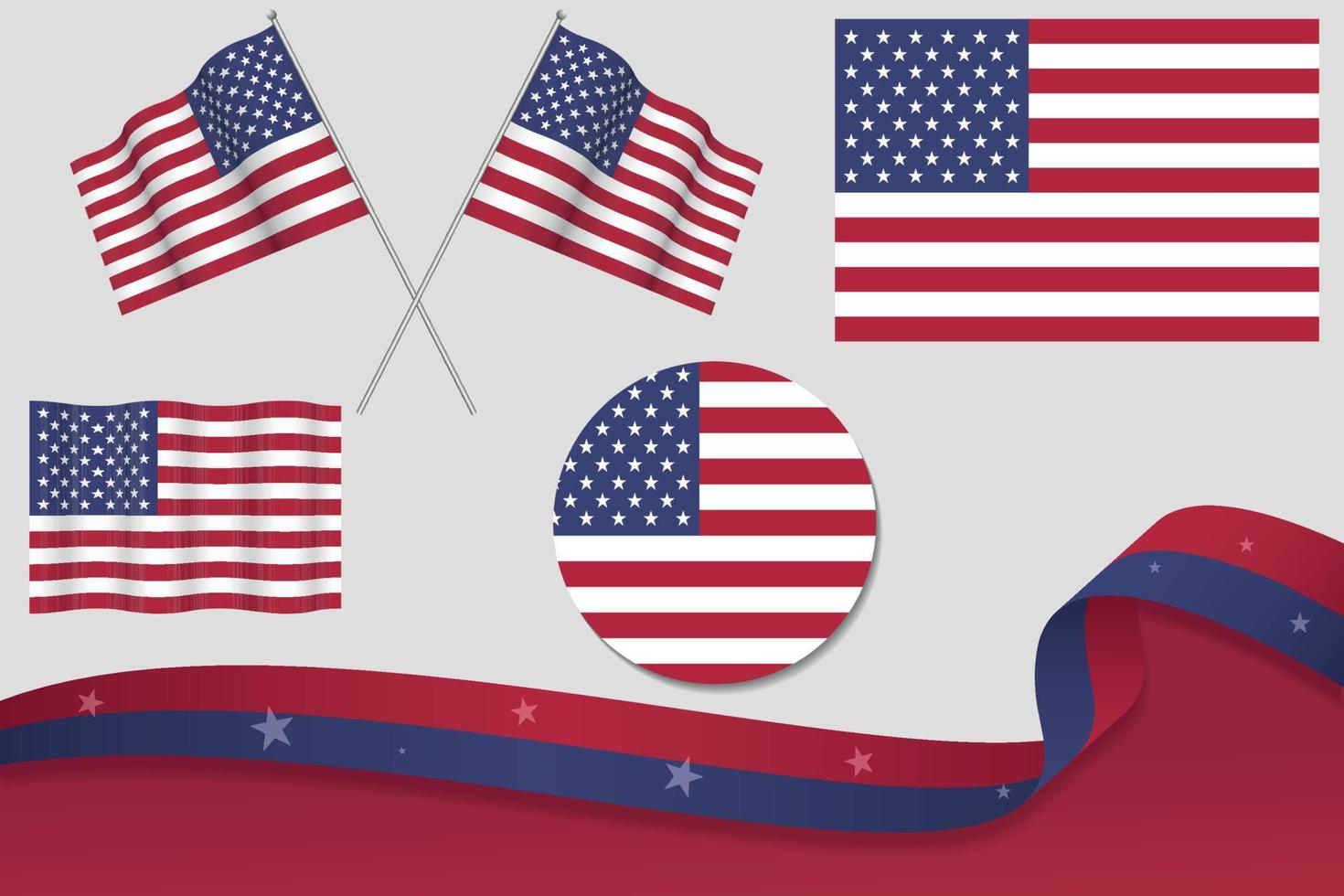 Set Of USA Flags In Different Designs, Icon, Flaying Flags With ribbon With Background. Free Vector