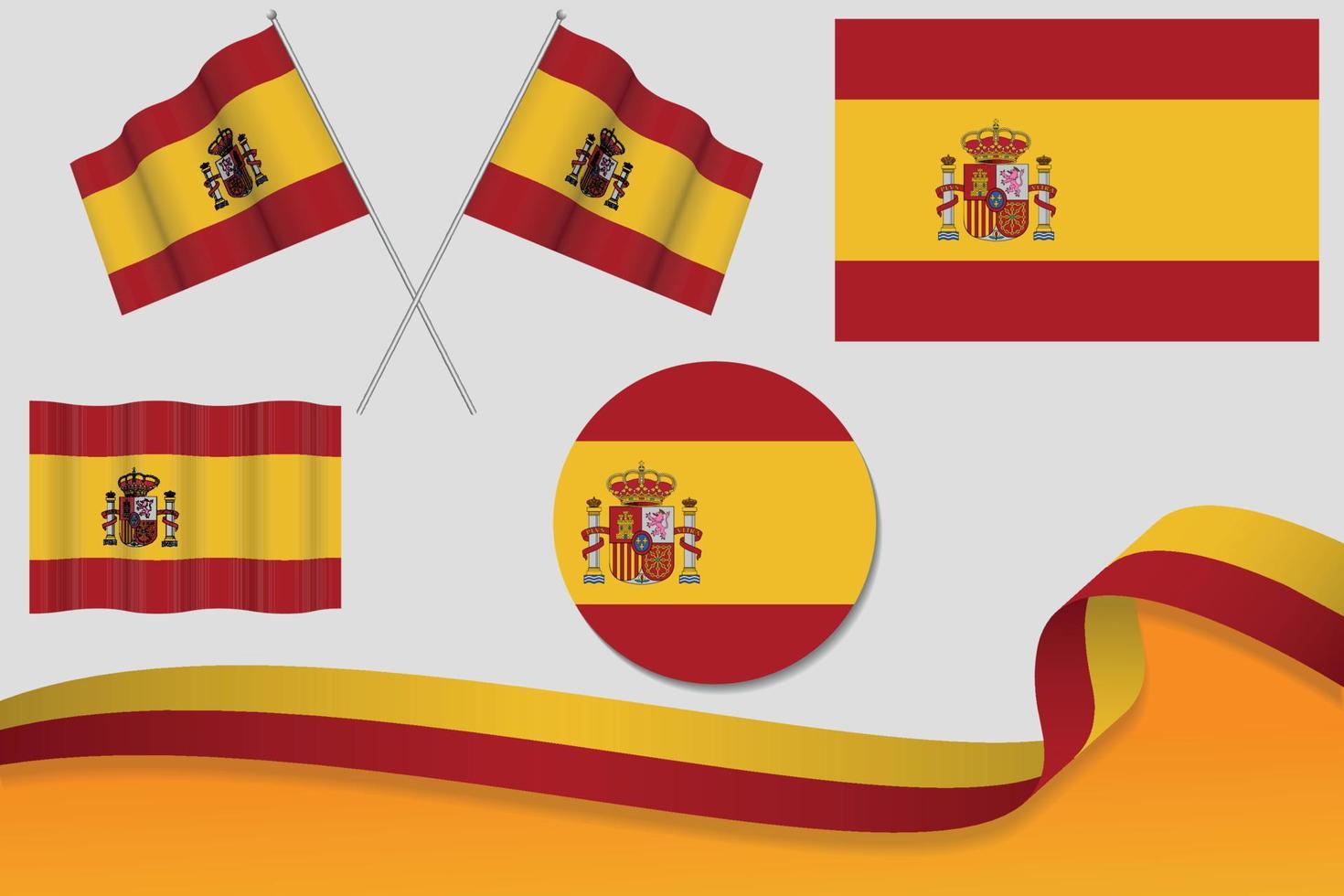 Set Of Spain Flags In Different Designs, Icon, Flaying Flags With ribbon With Background. Free Vector