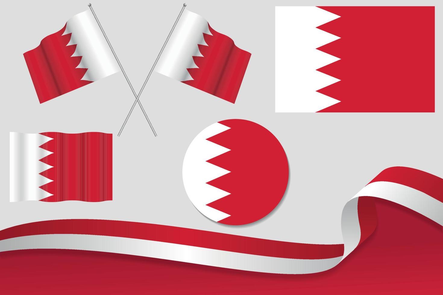 Set Of Bahrain Flags In Different Designs, Icon, Flaying Flags With ribbon With Background. Free Vector