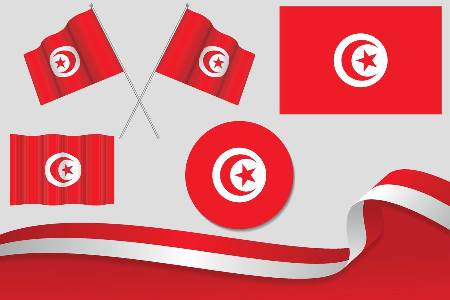 Set Of Tunisia Flags In Different Designs, Icon, Flaying Flags With ribbon With Background. Free Vector