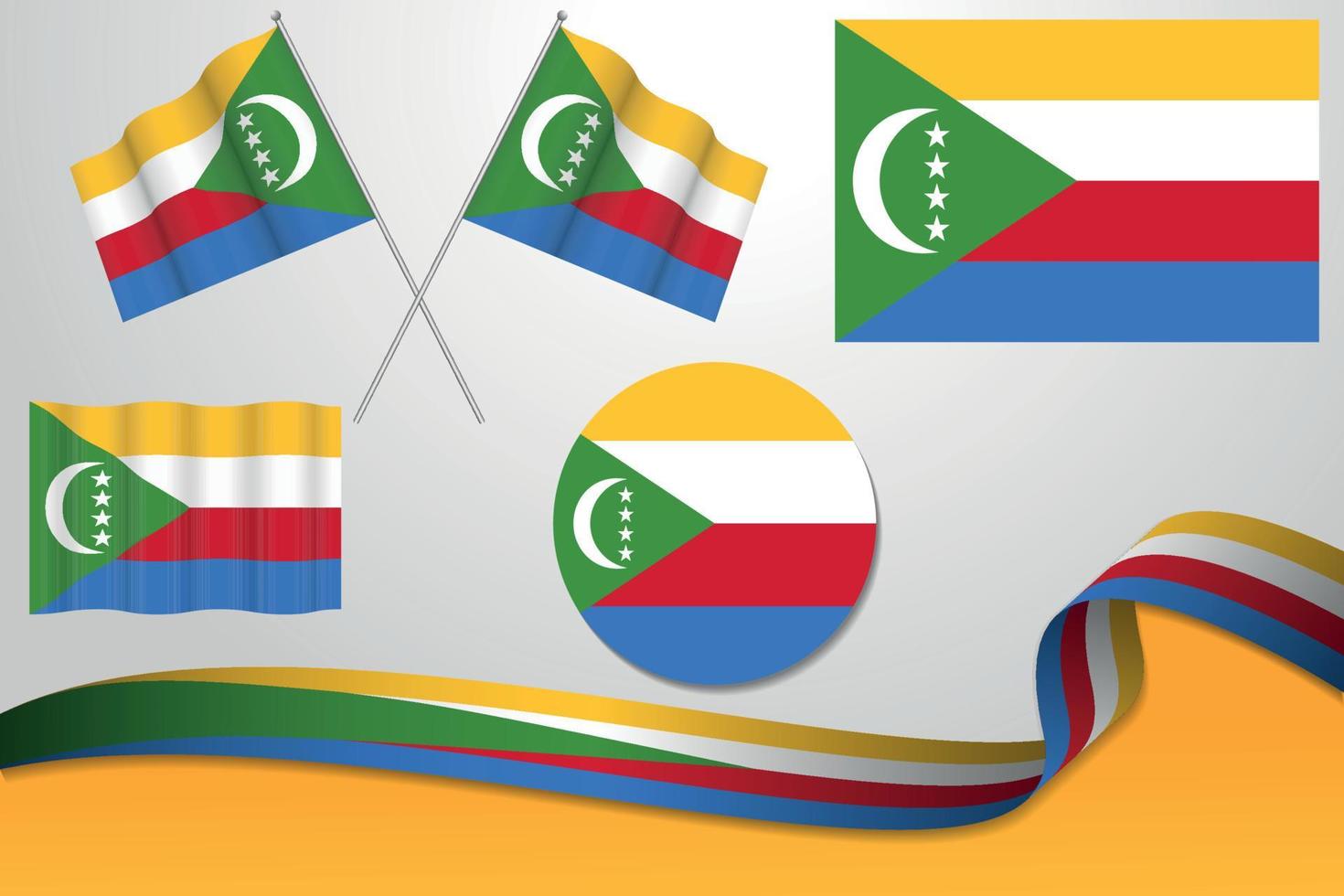 Set Of Comoros Flags In Different Designs, Icon, Flaying Flags With ribbon With Background. Free Vector