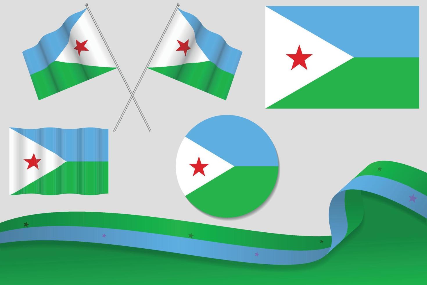 conjunto de banderas de djibouti en diferentes diseños, icono, banderas desolladas con cinta con fondo. vector libre