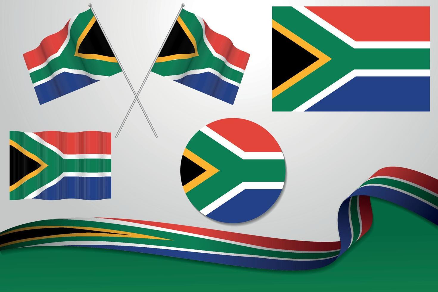 conjunto de banderas de sudáfrica en diferentes diseños, icono, banderas desolladas con cinta con fondo. vector libre