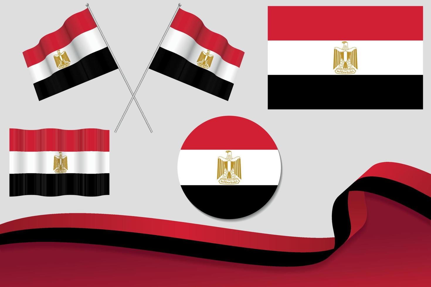 conjunto de banderas de egipto en diferentes diseños, icono, banderas desolladas con cinta con fondo. vector libre