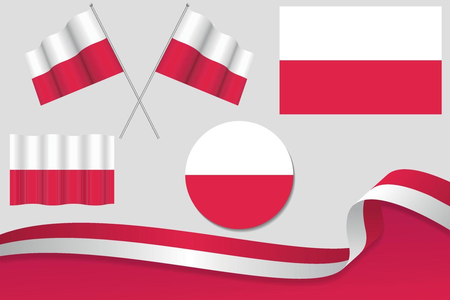 Set Of Poland Flags In Different Designs, Icon, Flaying Flags With ribbon With Background. Free Vector