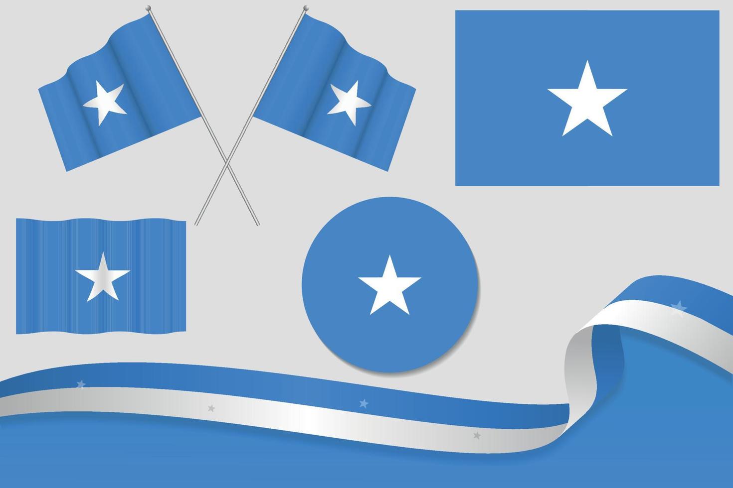 conjunto de banderas de somalia en diferentes diseños, icono, banderas desolladas con cinta con fondo. vector libre