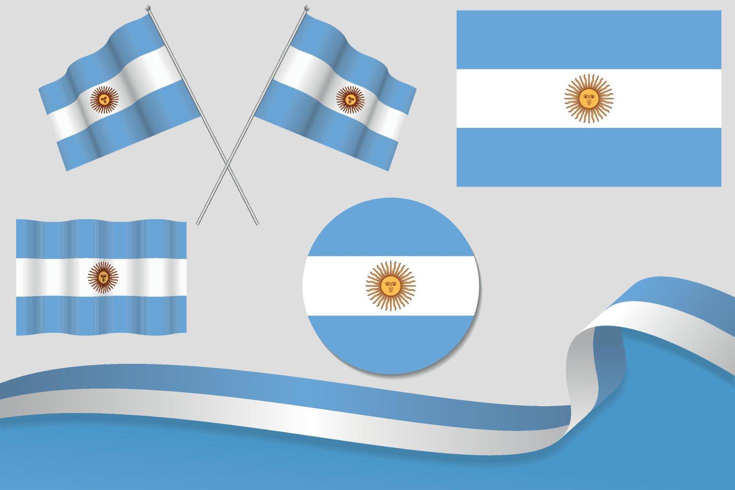 Set Of Argentina Flags In Different Designs, Icon, Flaying Flags With ribbon With Background. Free Vector