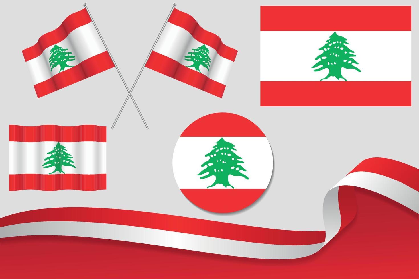 Set Of Lebanon Flags In Different Designs, Icon, Flaying Flags With ribbon With Background. Free Vector