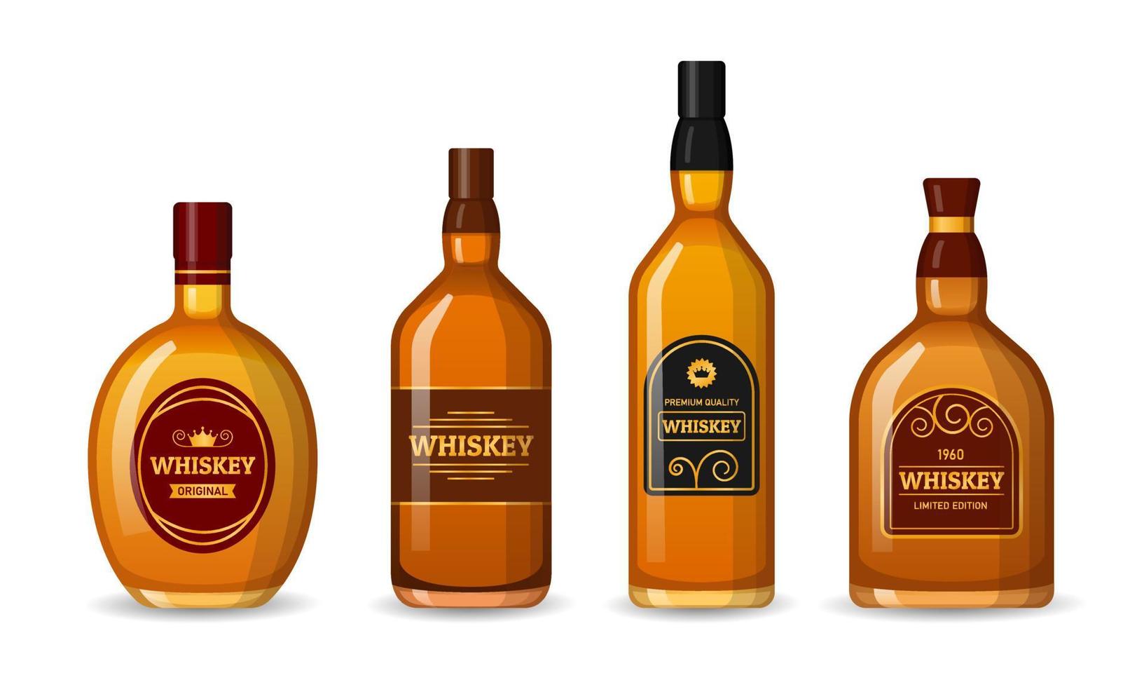 Set of alcohol whiskey bottles labeled. vector