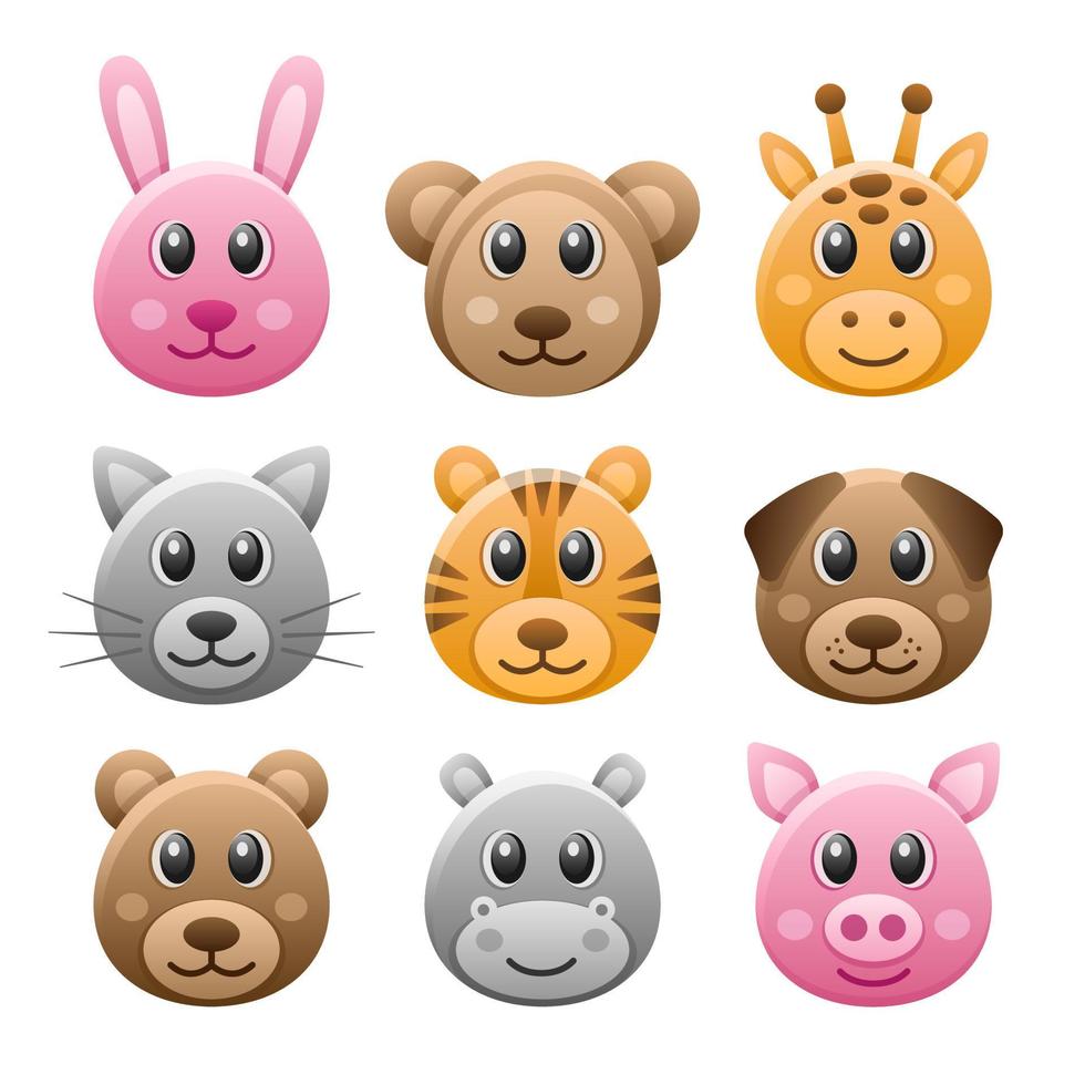 Cute Simple Animal Set of Faces - Cat, Bear, Hippo, Rabbit, Tiger, Giraffe, Monkey, Dog, Pig. vector