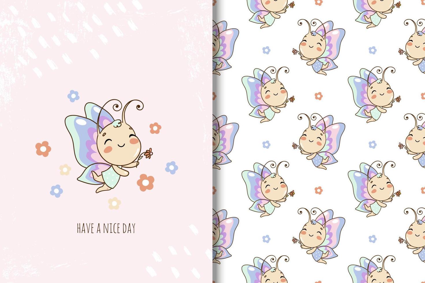 Cute cartoon character butterfly card and seamless pattern for kids vector