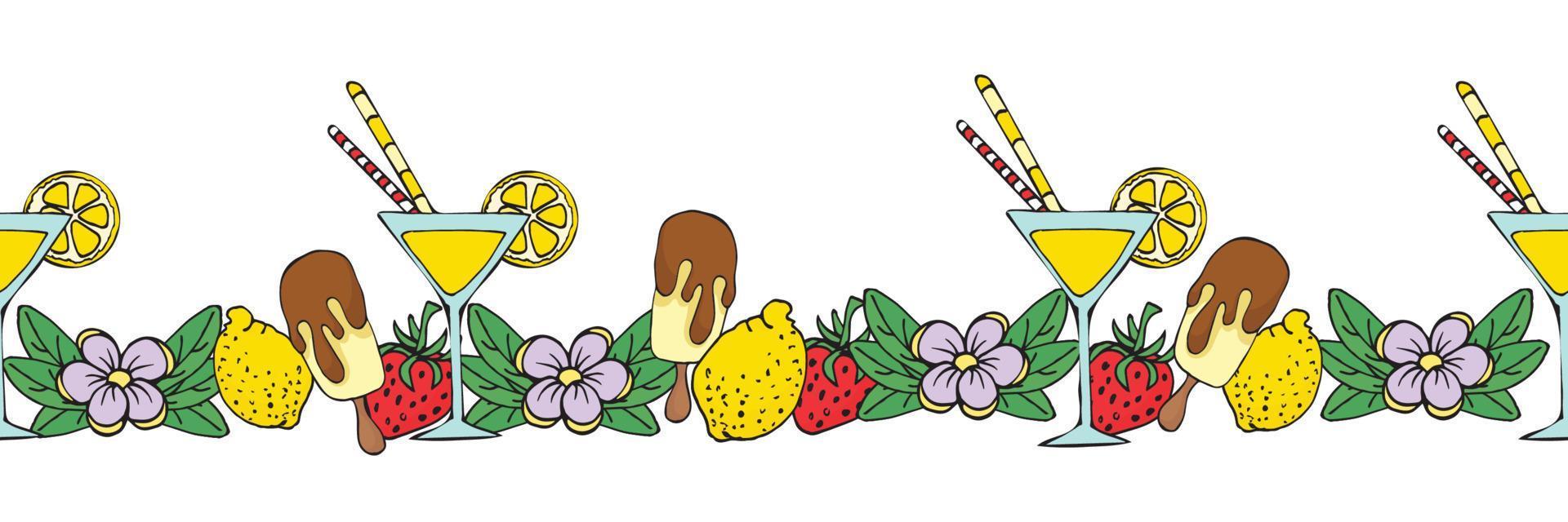 Fruits and coctail seamless summer border isolated. vector