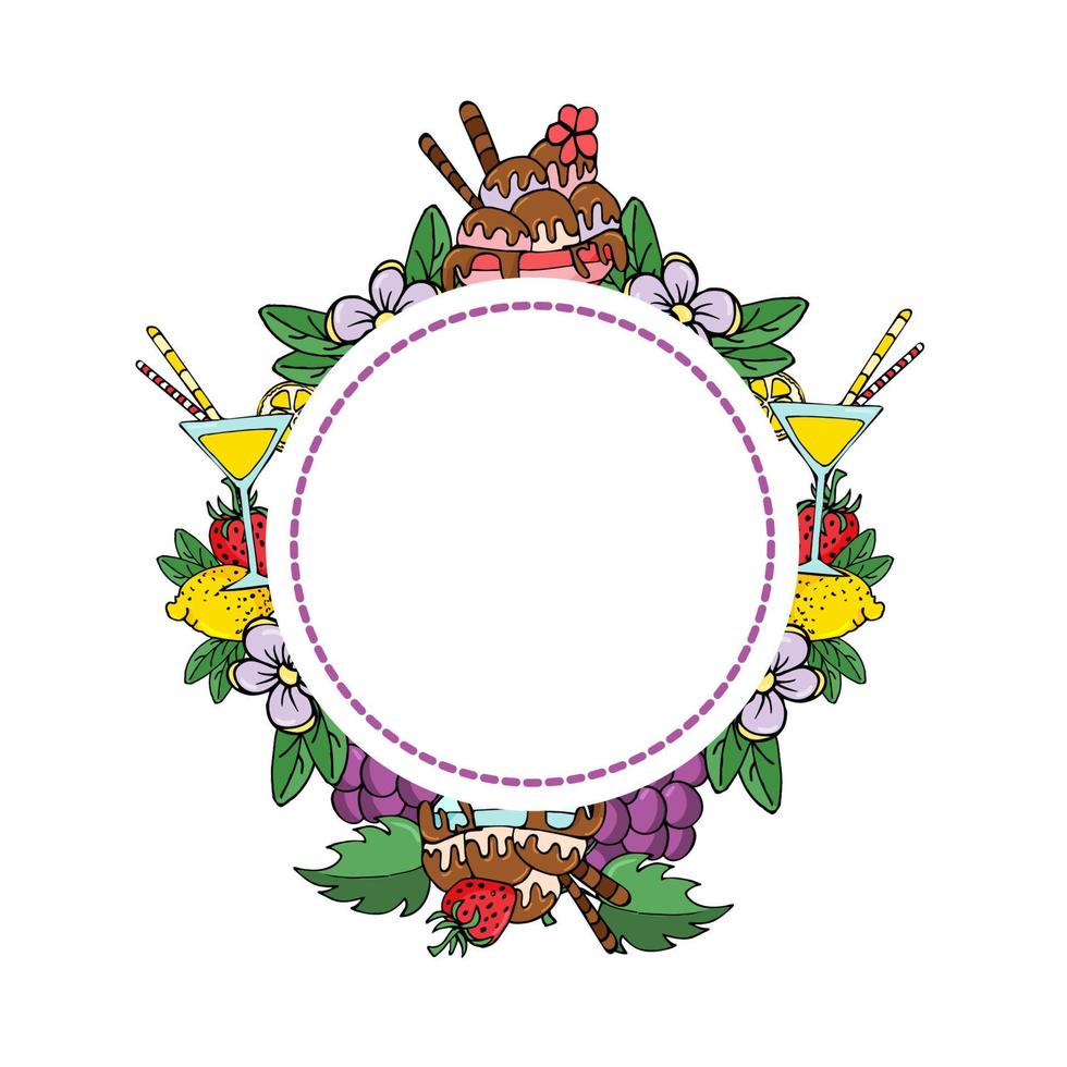 Fruits summer round frame. Sticker with sweets. vector