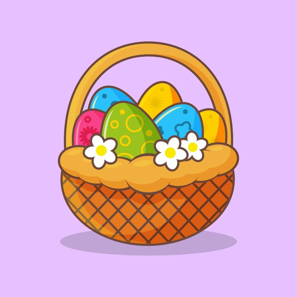 cesta de mimbre con huevos de Pascua pintados de colores vector