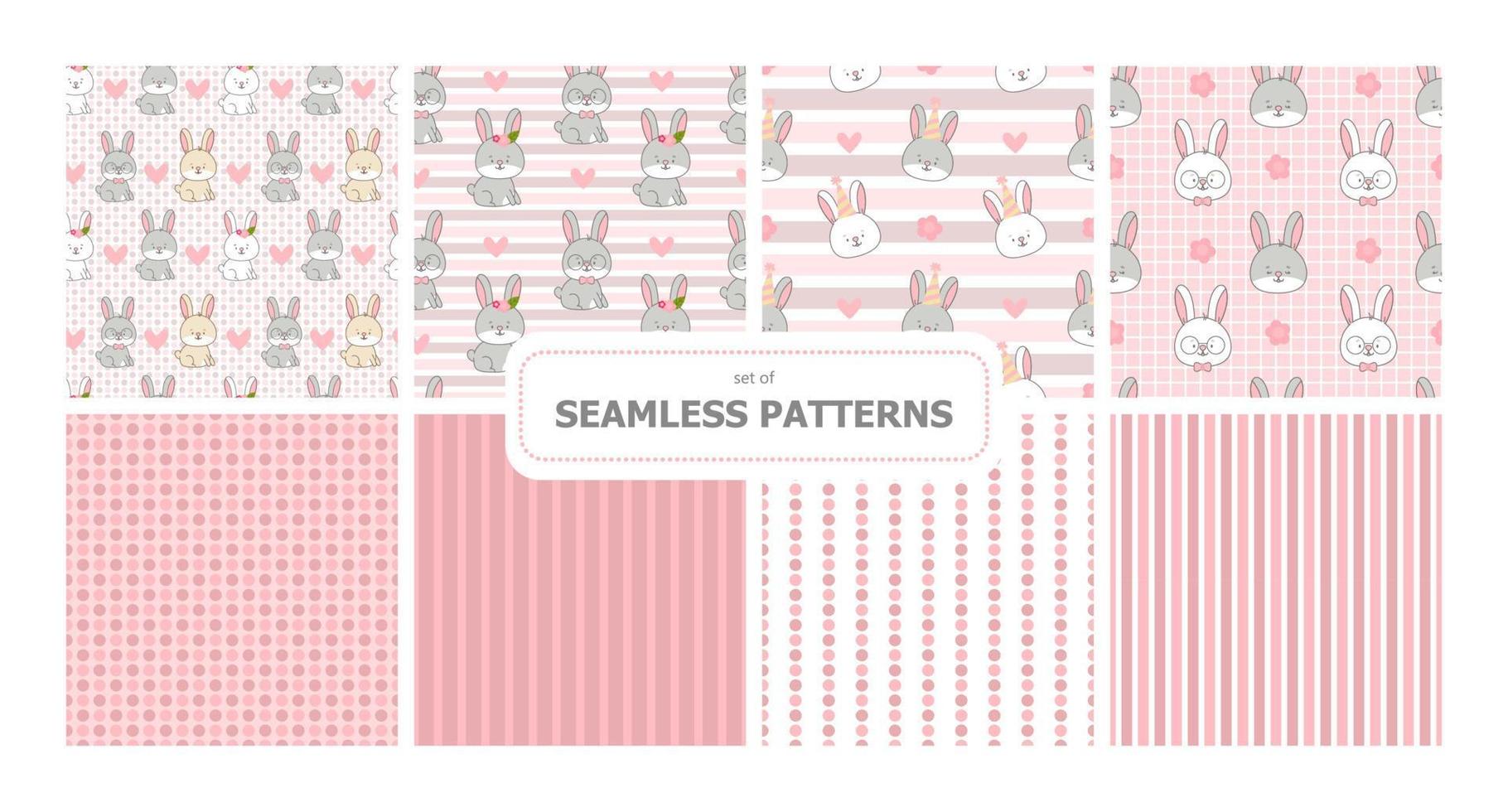 Set of seamless vector patterns. Pack of repeating geometric surface design ornaments. Rabbits and simple shapes. Cute animal character for cards, promotion banners, printing on paper and fabric.