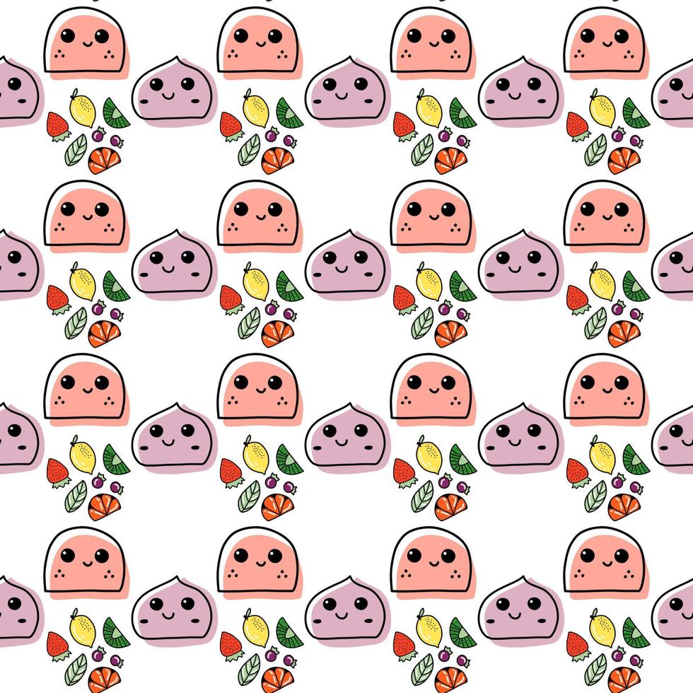 Vector seamless pattern. Japanese sweet food cake. Cup for tea, fruits, leaf, bag, dessert, heart, flowers, ice cream. Cute kawaii character icon of mochi. For fabric, printing, cards, online shops.